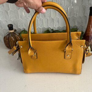Yellow Faux Leather Handbag With Double Handles & Zipper Closure